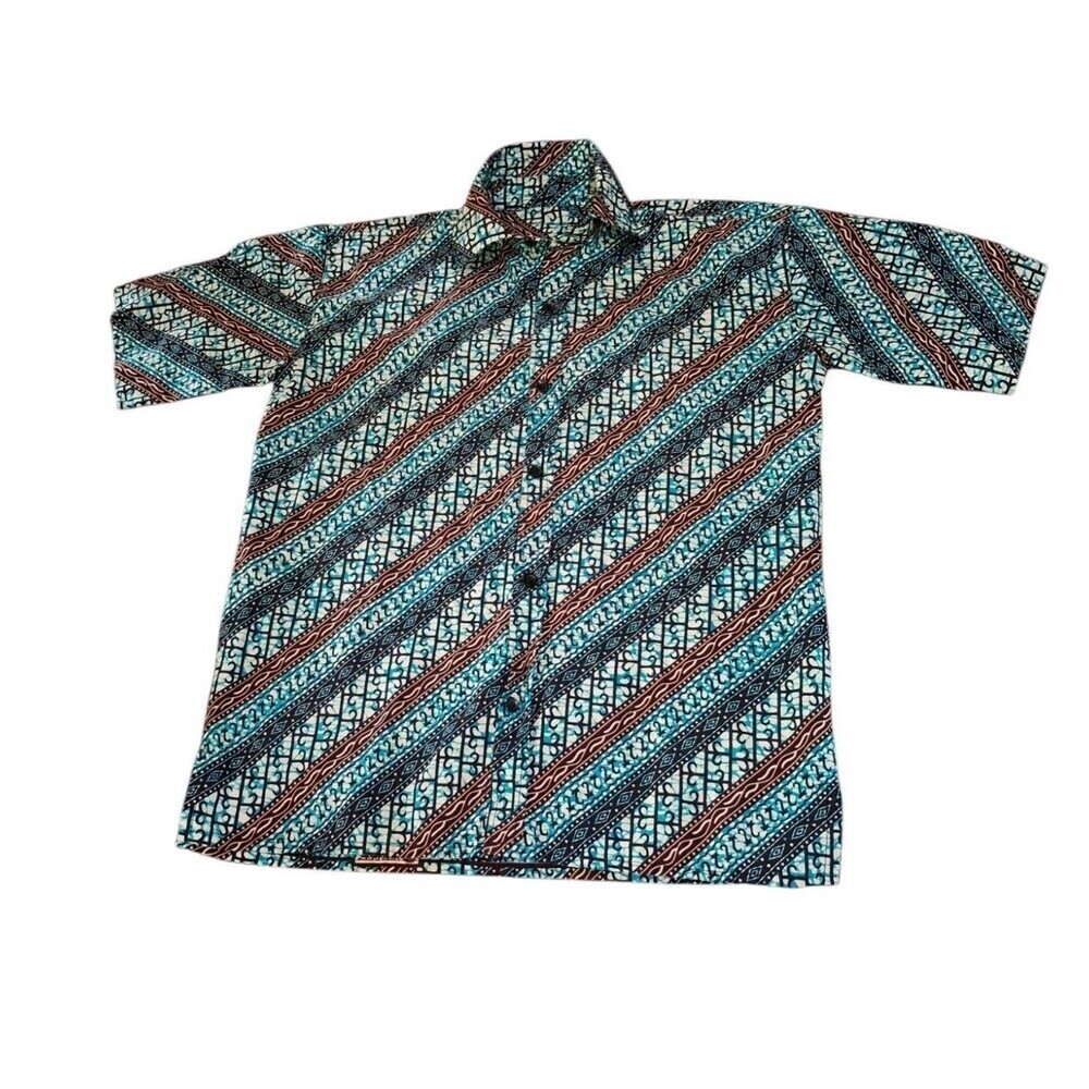 Handmade African‎ Button Down Shirt Collared Water Teal Earth Bones Mens Medium